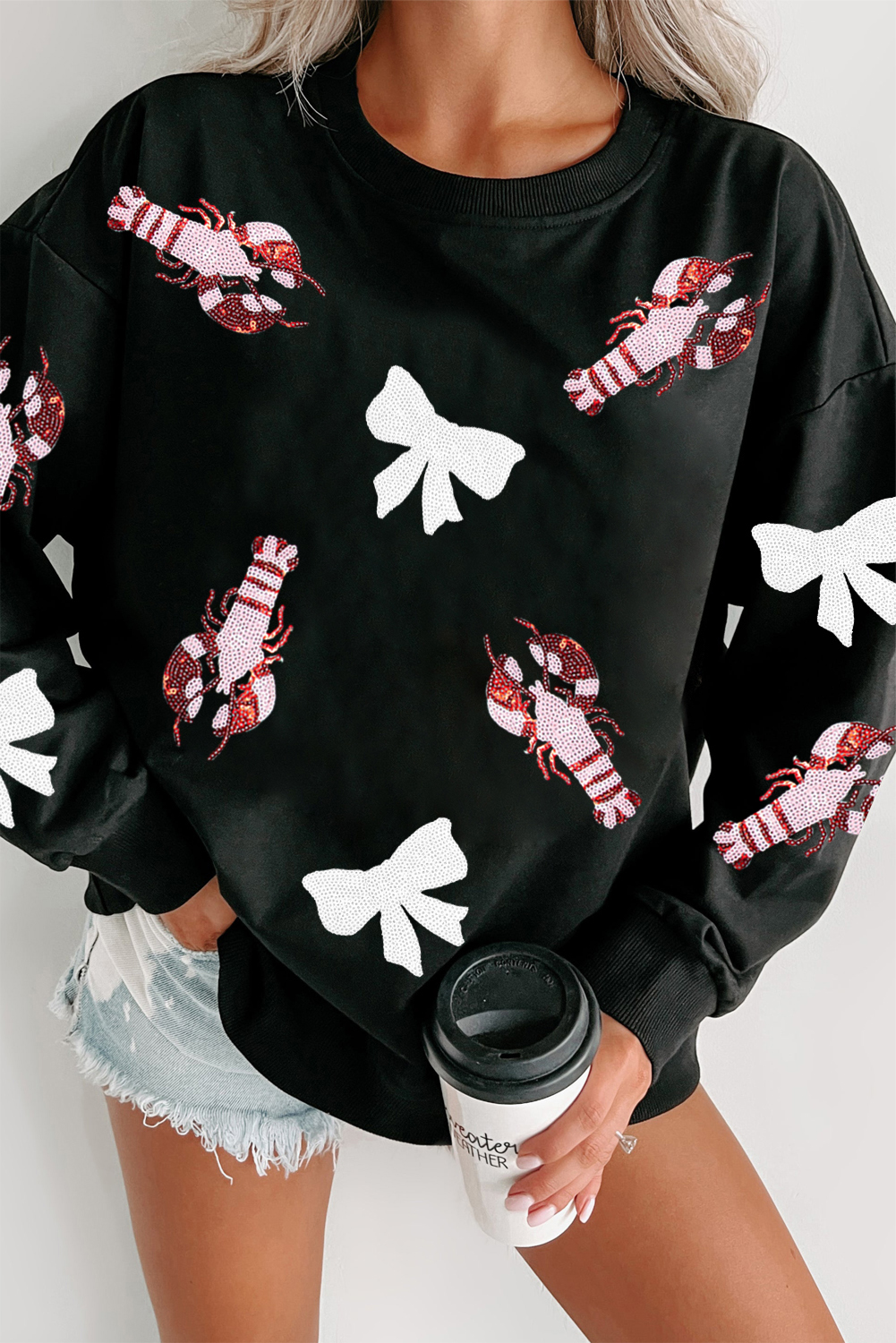 Black Crawfish Bow Sequin Patched Graphic Sweatshirt - loveforevers