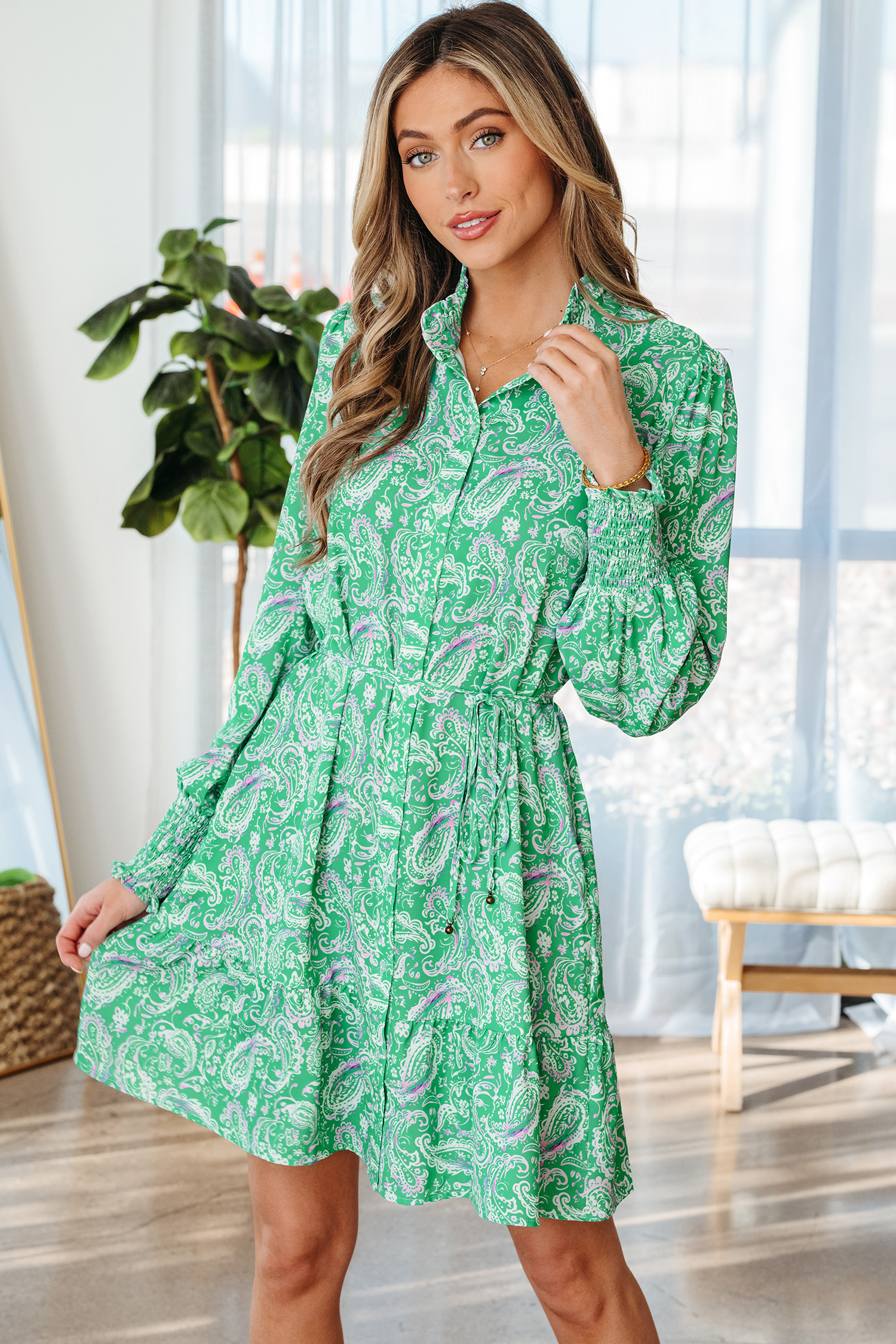 Green Paisley Print Long Sleeve Button Front Tied Waist Mini Dress - loveforevers