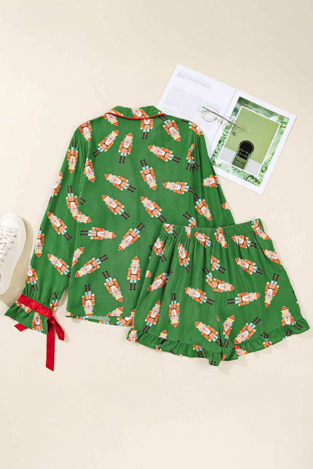 Green Christmas Candy Contrast Trim Bow Knot Silky 2pcs Pajama Set - loveforevers