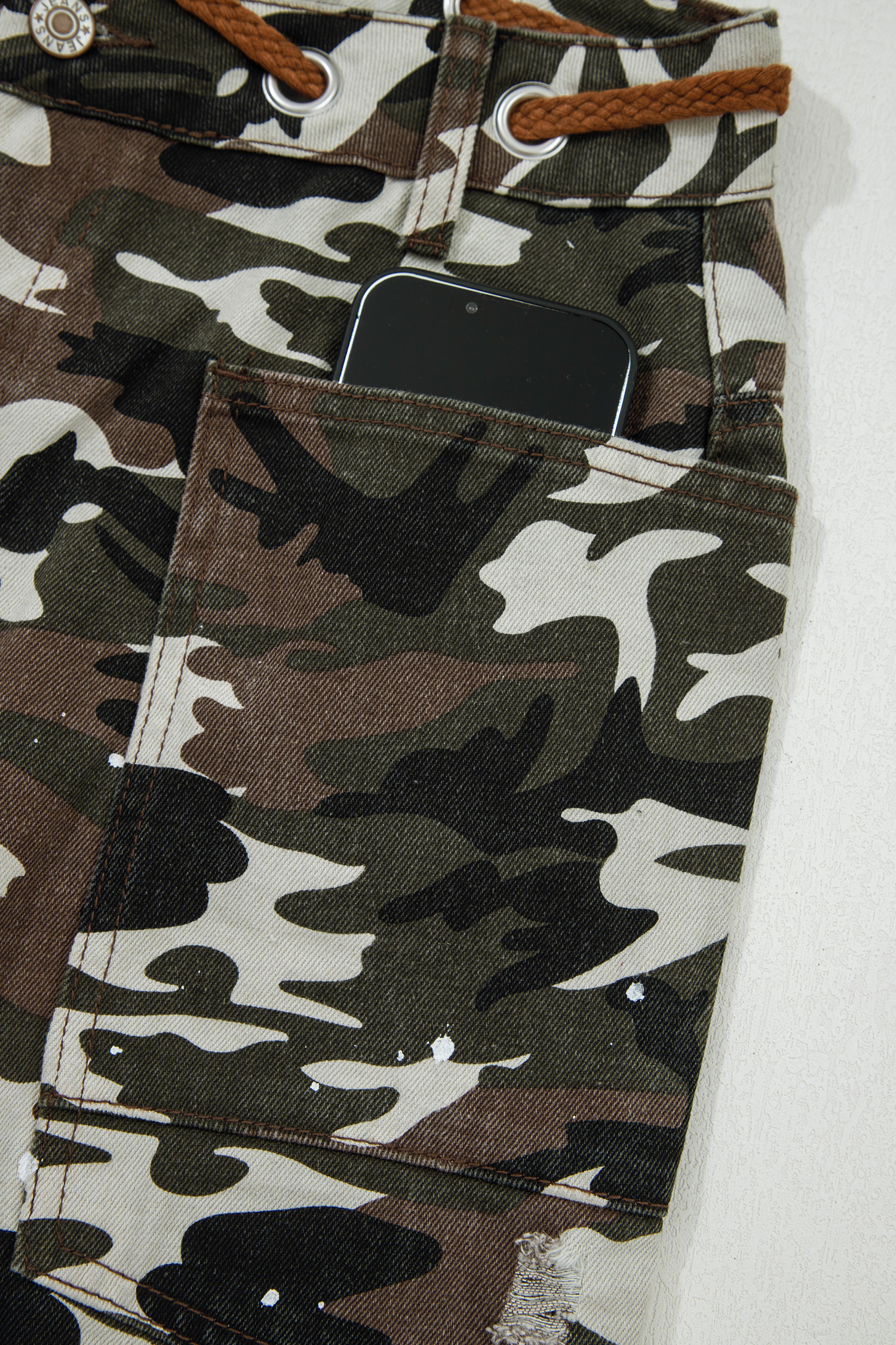 Green Camouflage Print Splashed Distressed Loose Denim Pants - loveforevers