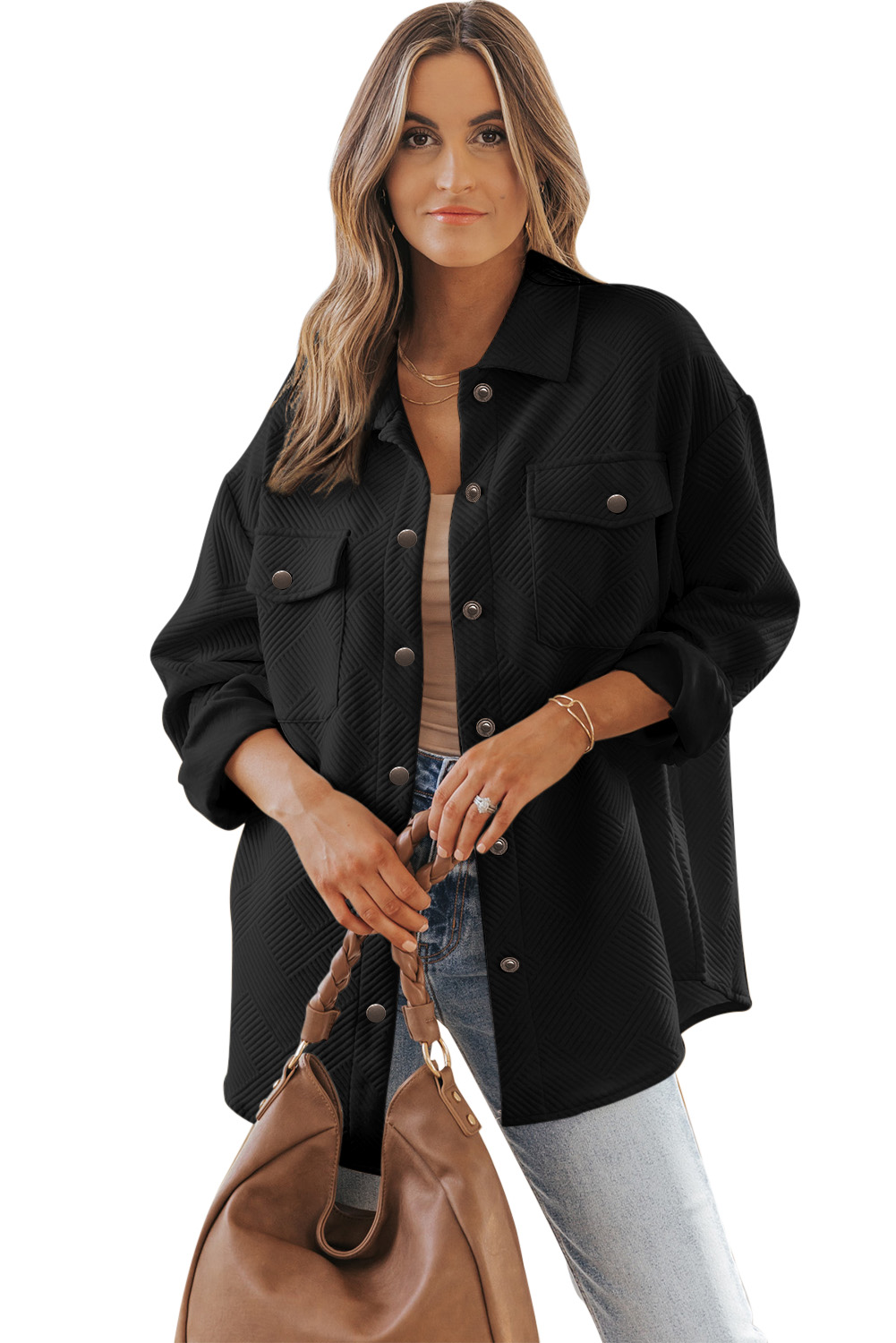 Black Solid Textured Flap Pocket Buttoned Shacket - loveforevers