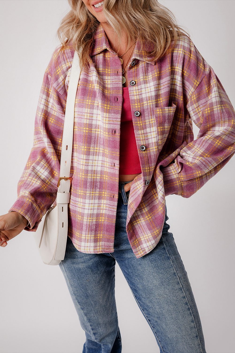 Pink Plaid Print Chest Pocket Long Sleeve Shacket - loveforevers