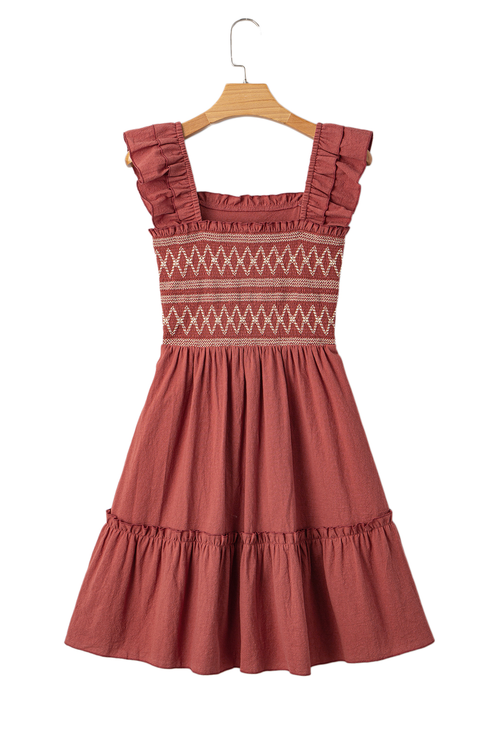 Red Sandalwood Geometric Stitch Shirred Bodice Ruffled Trim Sleeveless Mini Dress - loveforevers