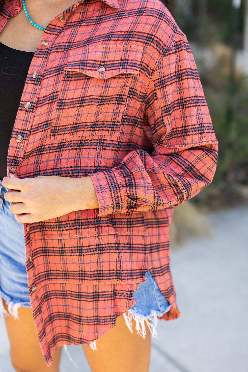 Red Plaid Long Sleeeve Side Split Distressed Hem Shirt - loveforevers