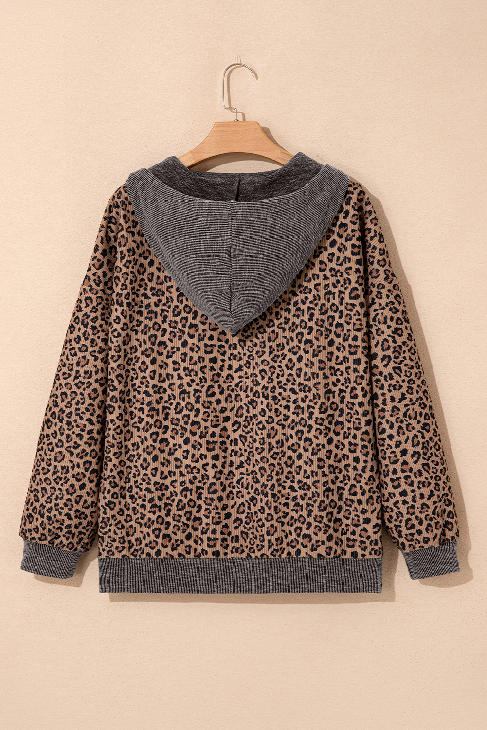 Khaki Ribbed Leopard Print Contrast Collar Zip Hooded Pullover Sweatshirt - loveforevers