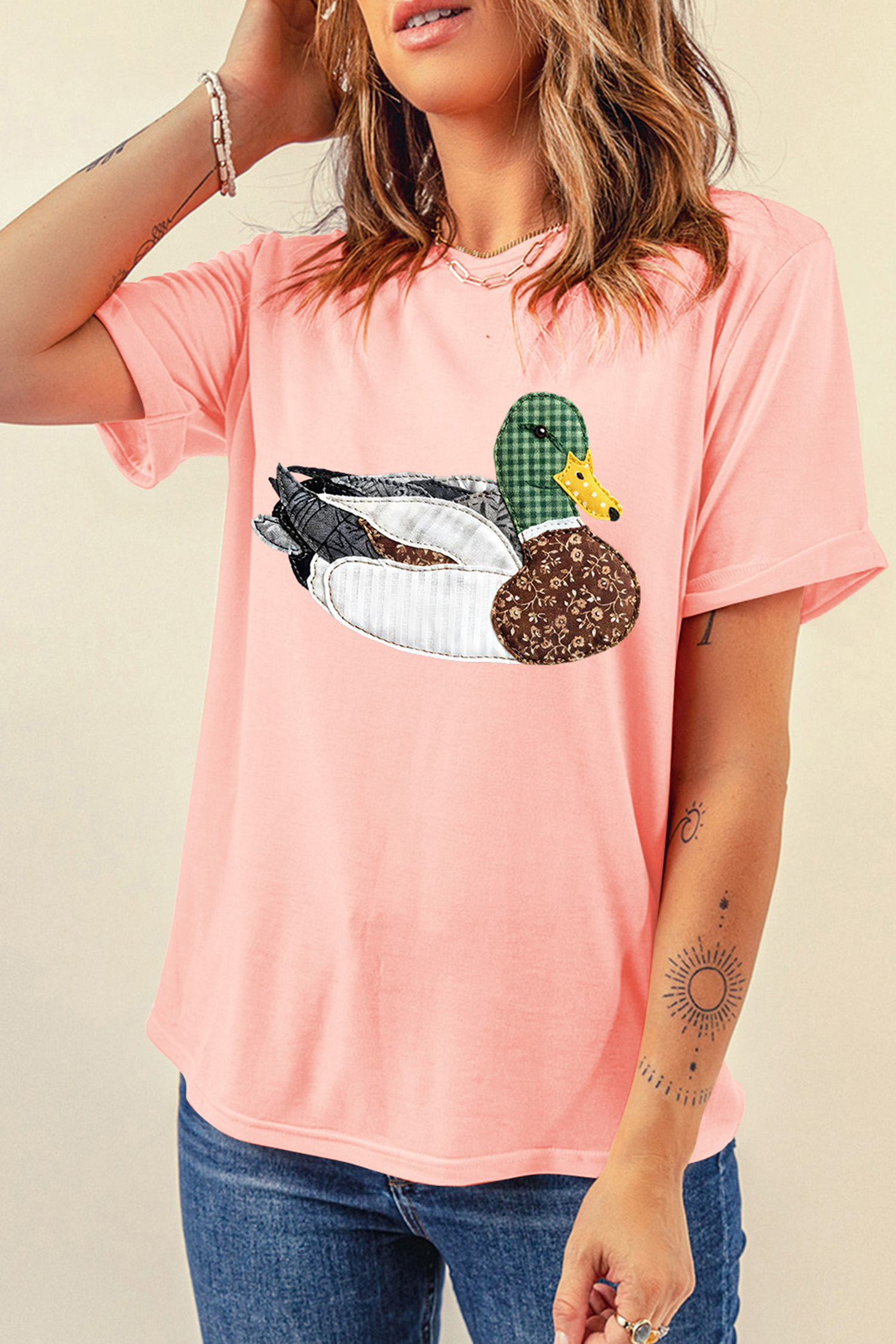 Khaki Flying Mallard Print Crew Neck T Shirt - loveforevers