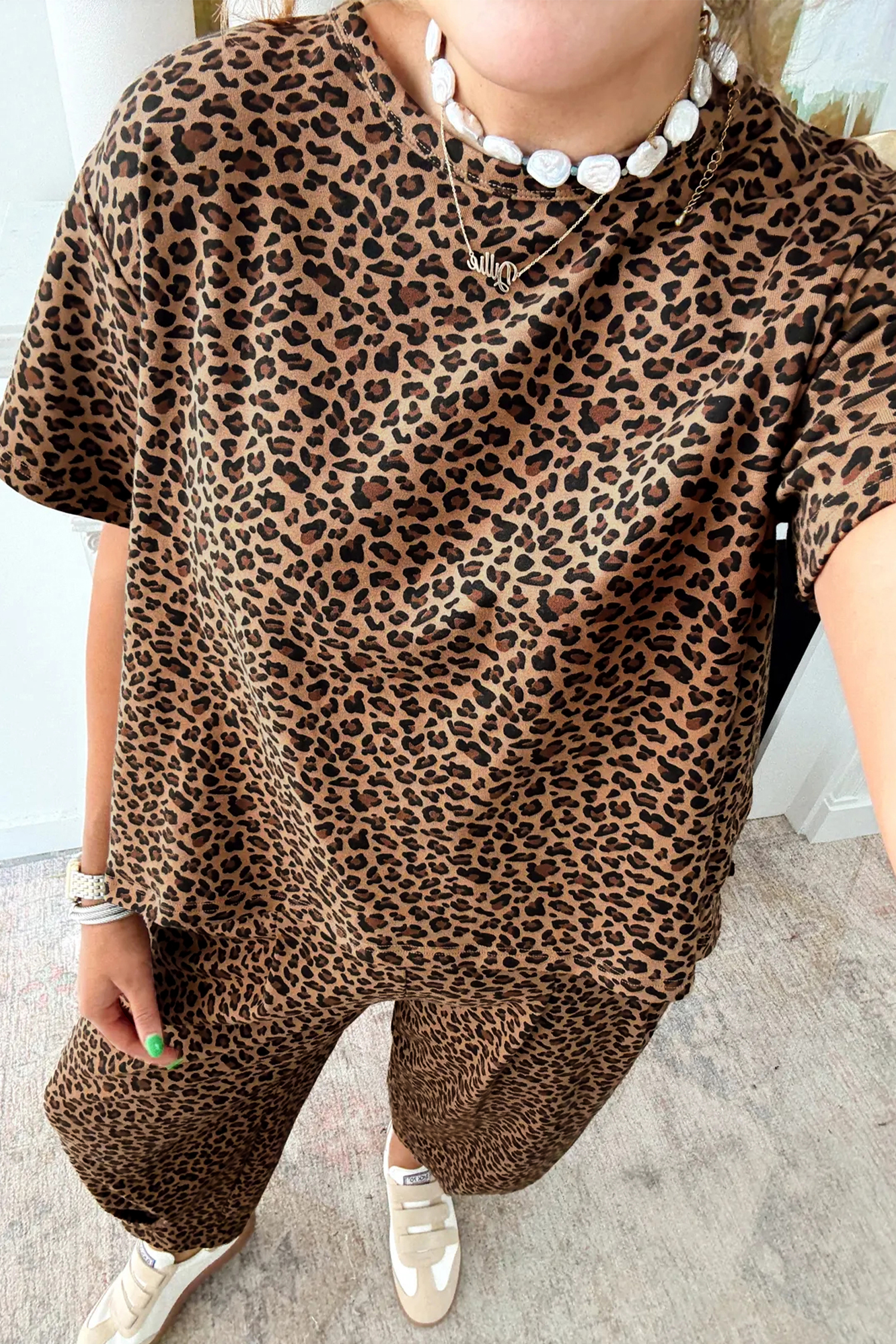 Brown Leopard Loose Tee Drawstring Waist Barrel Pants Set - loveforevers