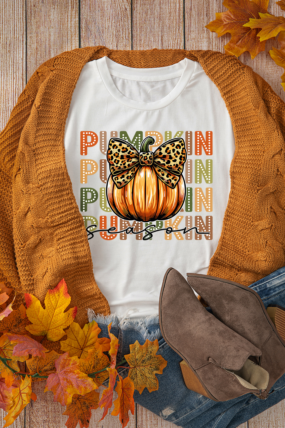 White PUMPKIN Season Leopard Bow Print Crew Neck T Shirt - loveforevers