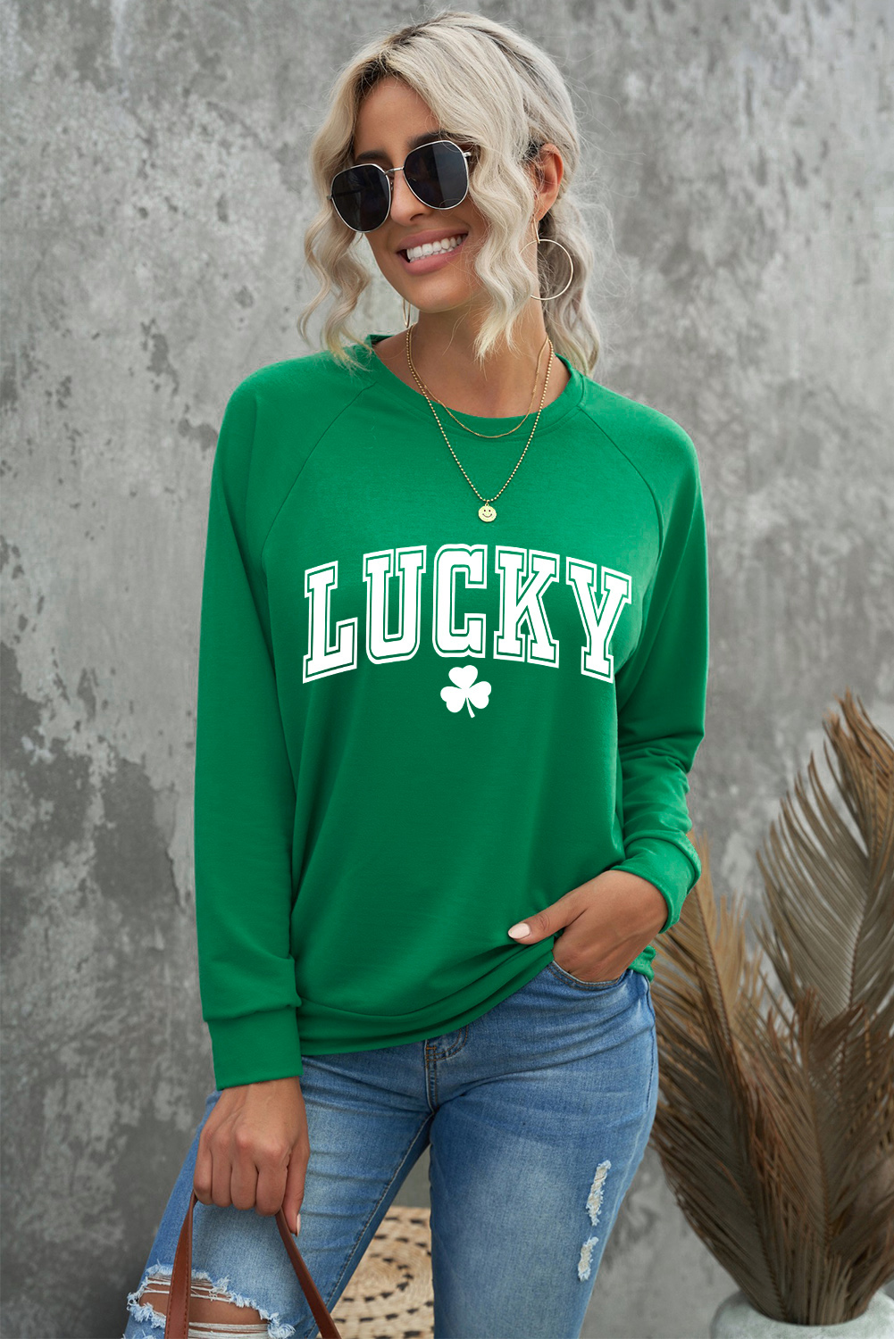 Green St. Patricks LUCKY Clover Print Raglan Sleeve Sweatshirt - loveforevers