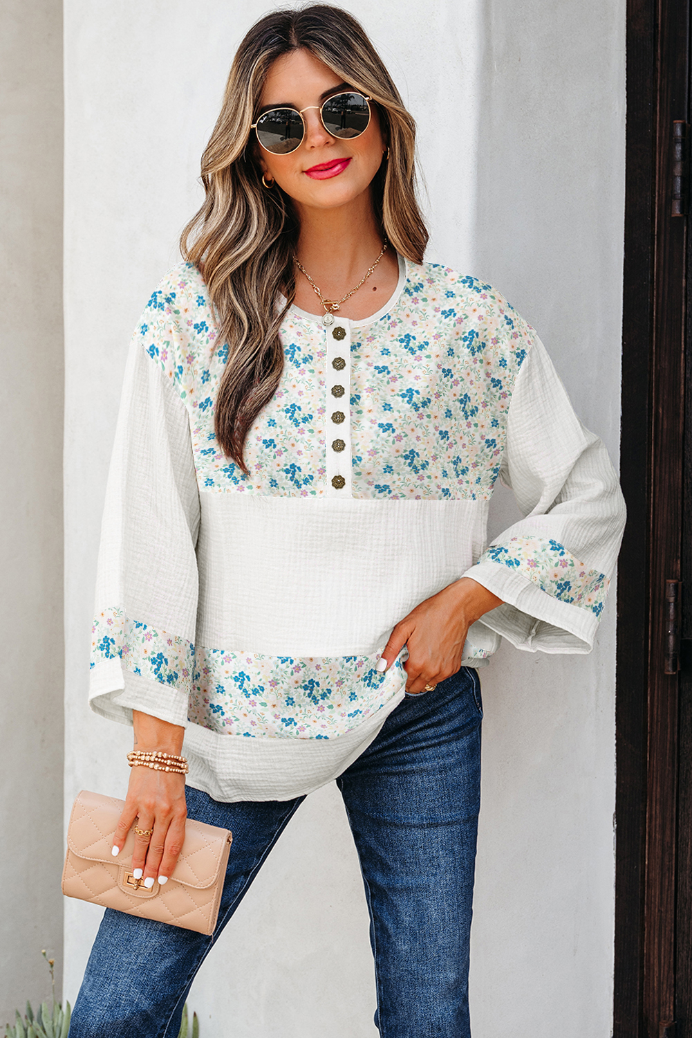 Sky Blue Floral Print Gauze Patchwork Henley Button 3/4 Sleeve Blouse - loveforevers