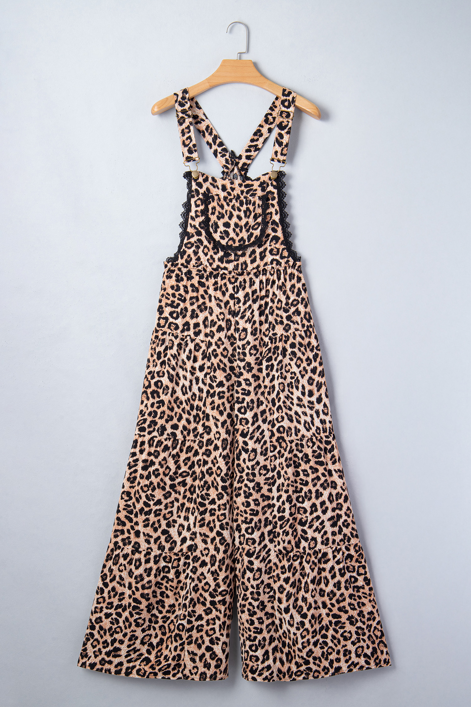 Khaki Cheetah Printed Contrast Lace Detail Ruffled Wide Leg Jumpsuit - loveforevers