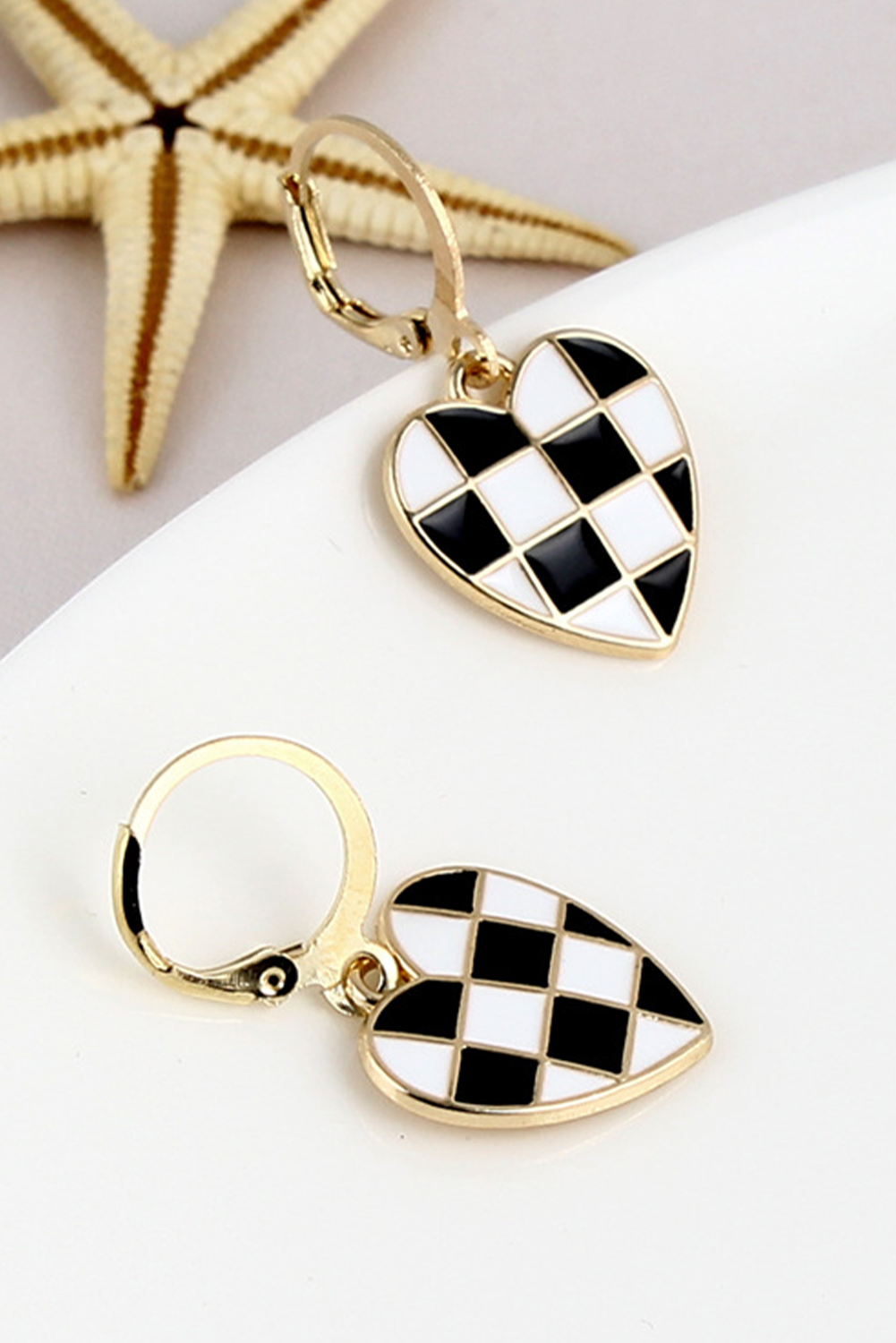Black Checkered Heart Shape Hoop Dangle Earrings - loveforevers