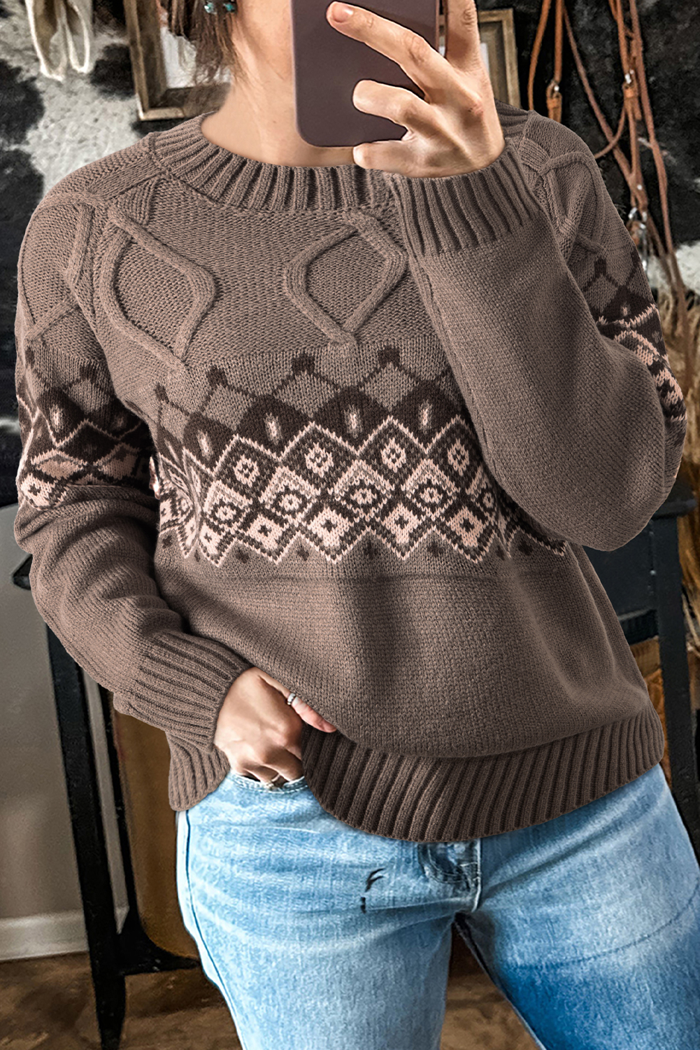 Light French Beige Western Geometric Patterned Crew Neck Knitted Sweater - loveforevers