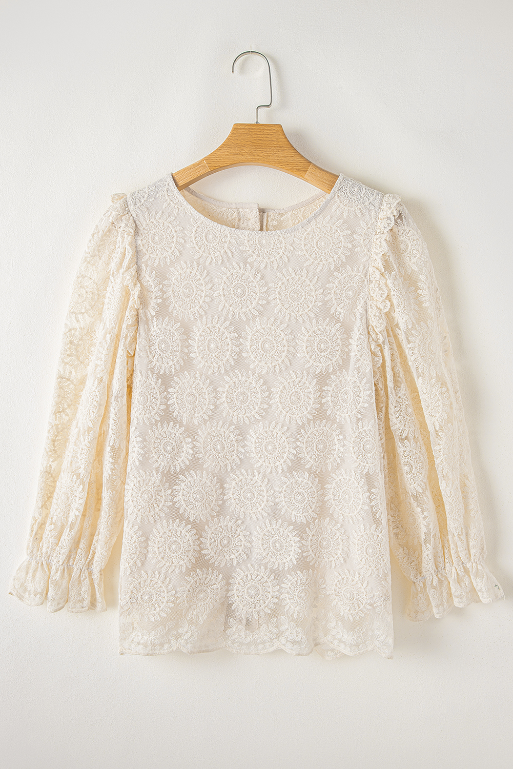 Oatmeal Flower Jacquard Button Back Ruffled 3/4 Sleeve Blouse - loveforevers