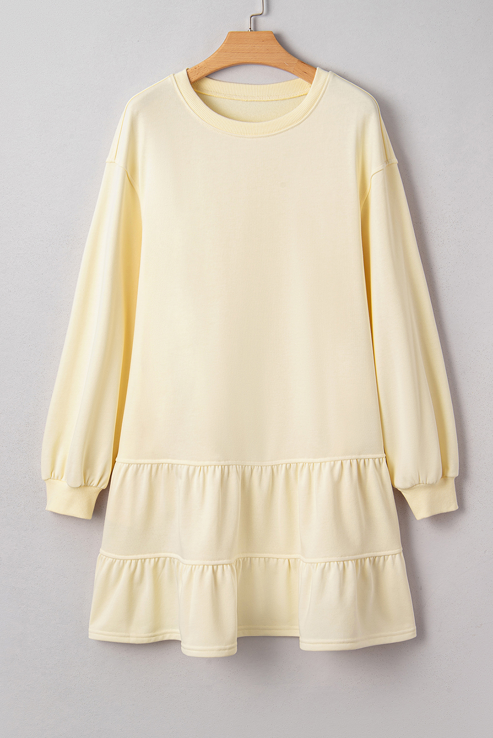 Beige Double Tiered Ruffle Hem Long Sleeve Loose Mini Dress - loveforevers