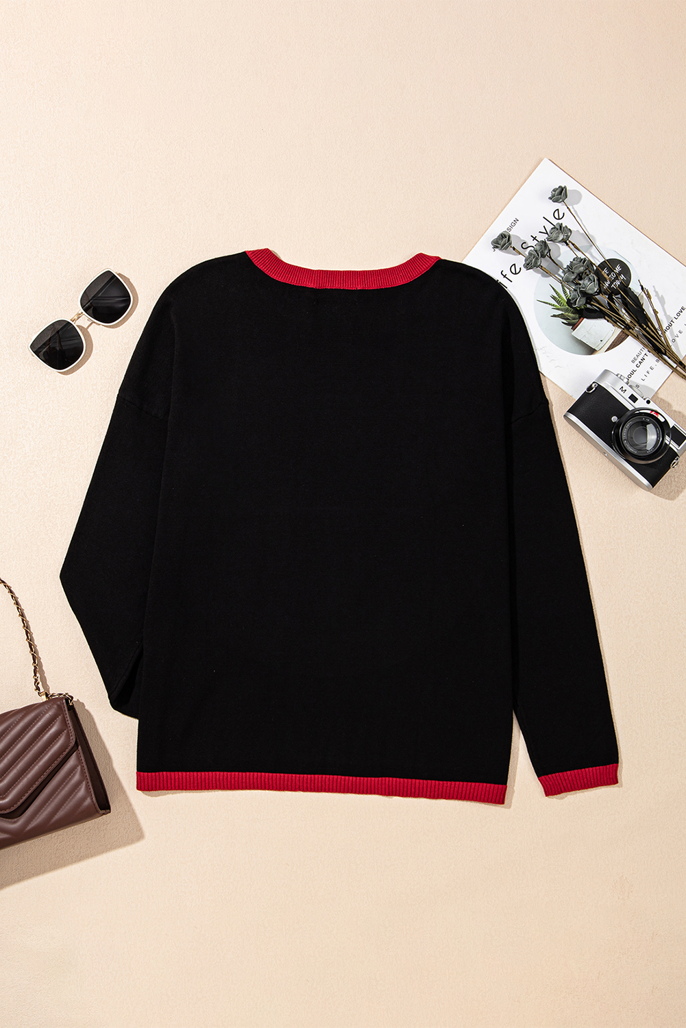 Black white Heart Print Contrast Trim Drop Shoulder Sweater - loveforevers