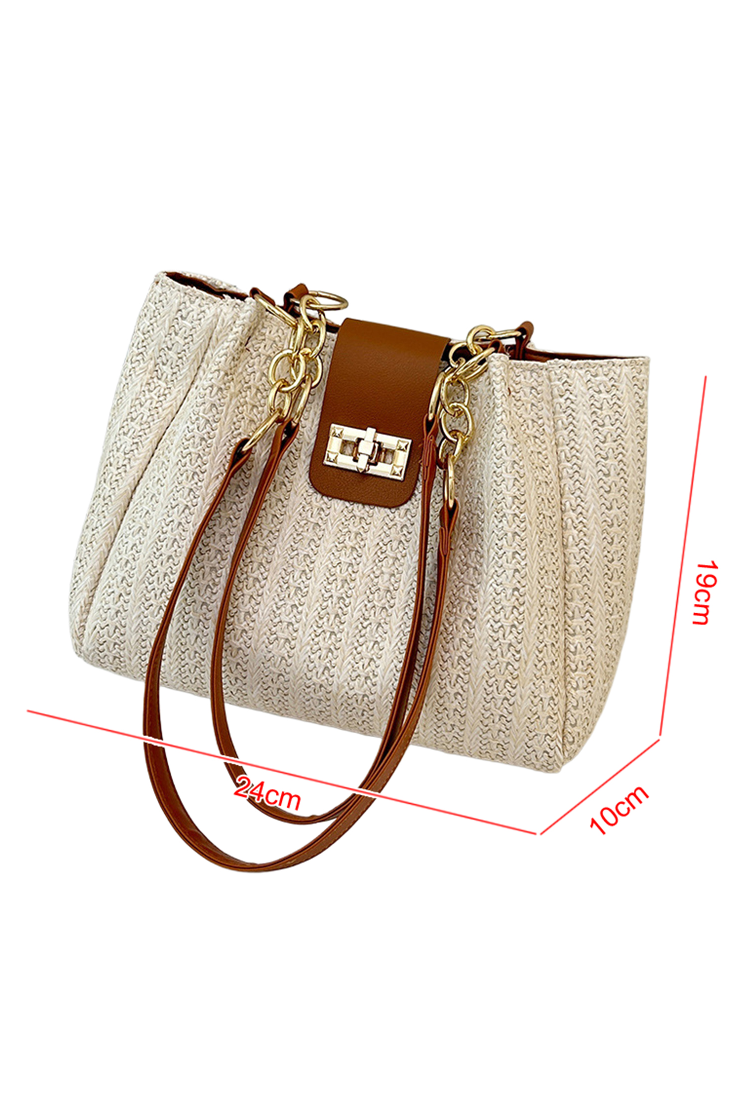 Coffee PU Leather Chain Handle Woven Textured Knit Tote Bag - loveforevers