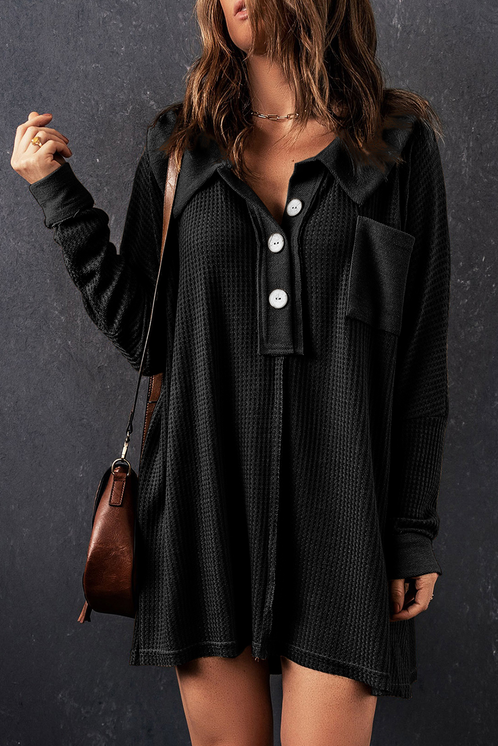 Brown Waffle Knit Buttoned Long Sleeve Top - loveforevers
