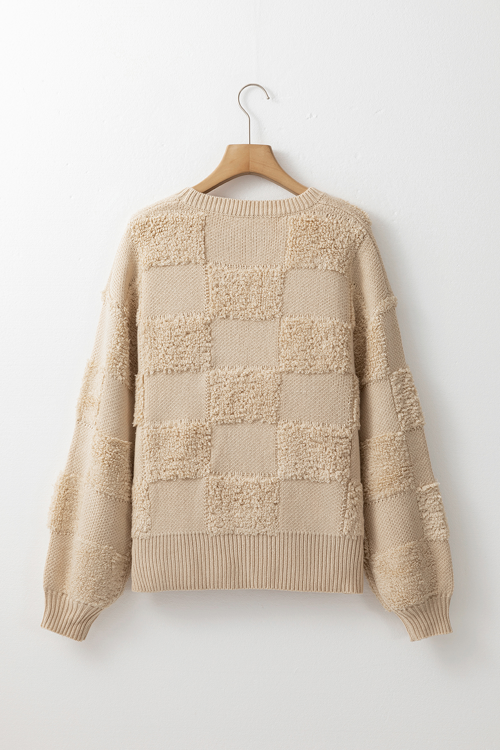 Parchment Checkered Sherpa Crew Neck Loose Sweater - loveforevers