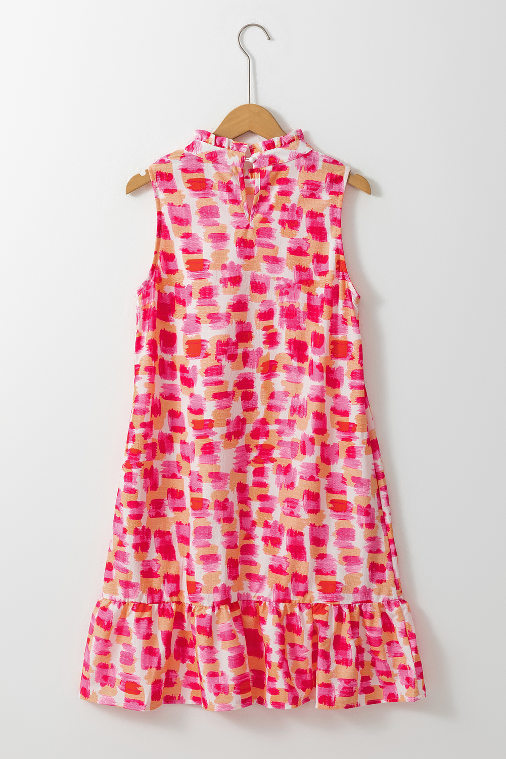 Pink Abstract Print Frilly Neck Sleeveless Mini Dress - loveforevers