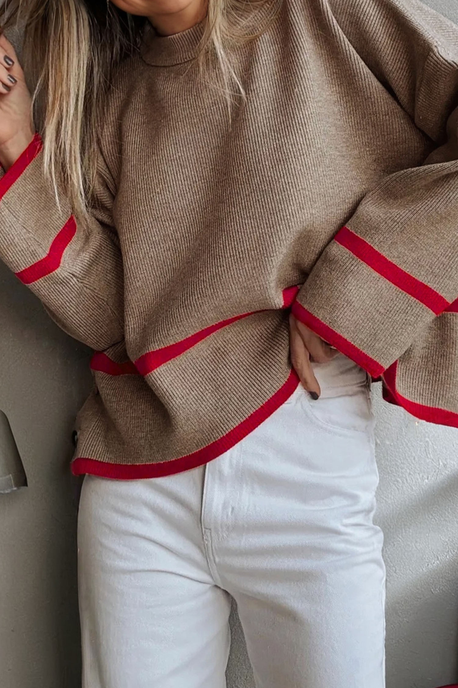 Simply Taupe Ribbed Knit Contrasted Stripe Detail Button Side Loose Sweater - loveforevers