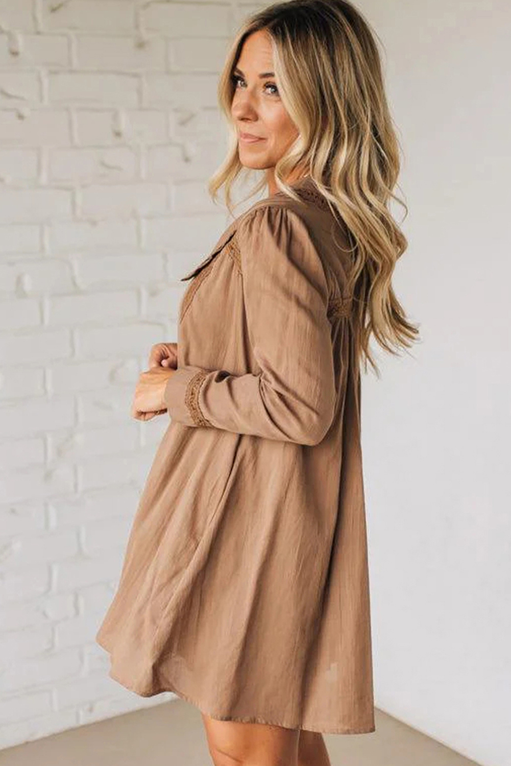 Straw Yellow Lace Trim Peter Pan Collar Long Sleeve Mini Shirt Dress - loveforevers