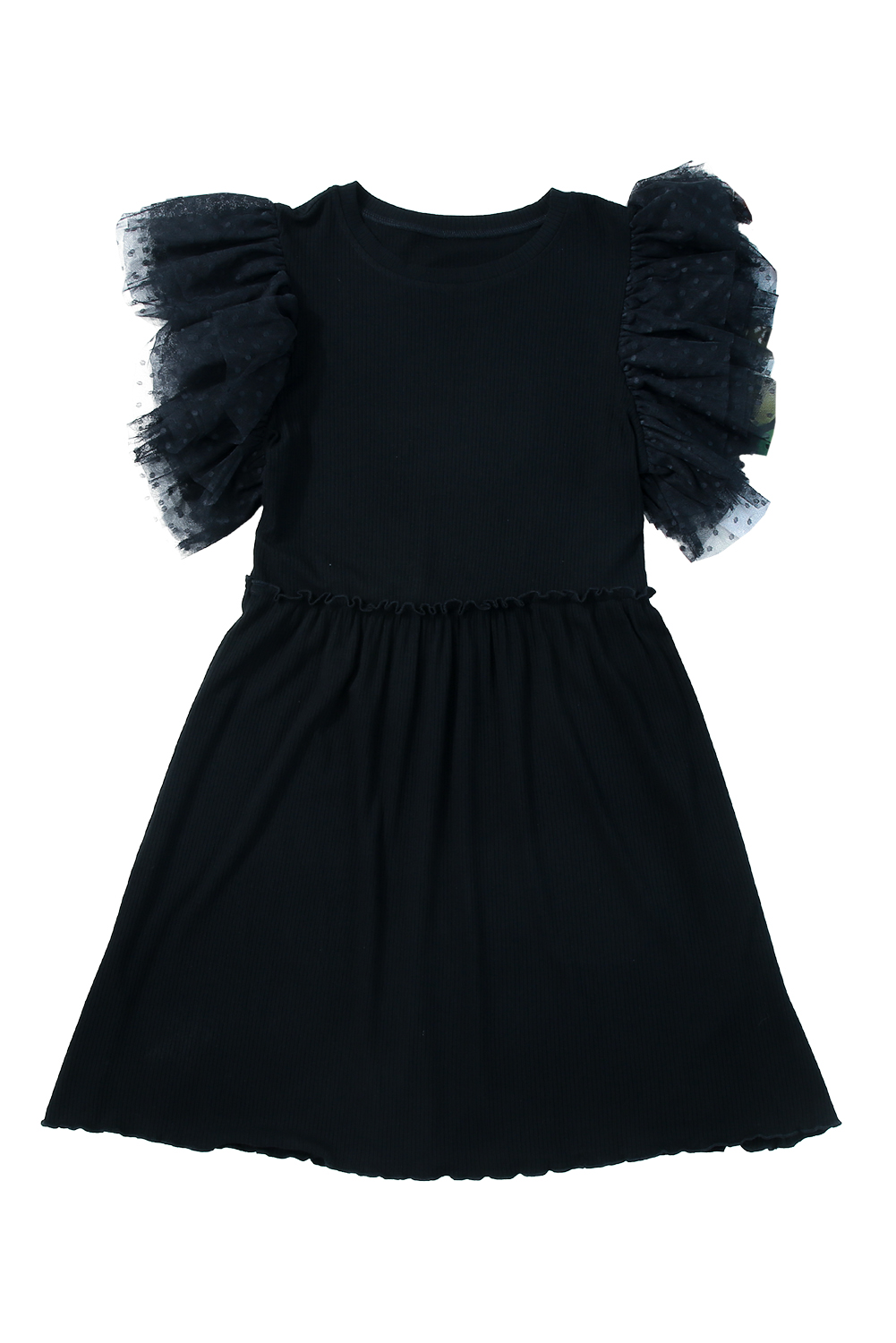 Black Dotty Mesh Ruffle Sleeve Ribbed Knit Babydoll Mini Dress - loveforevers