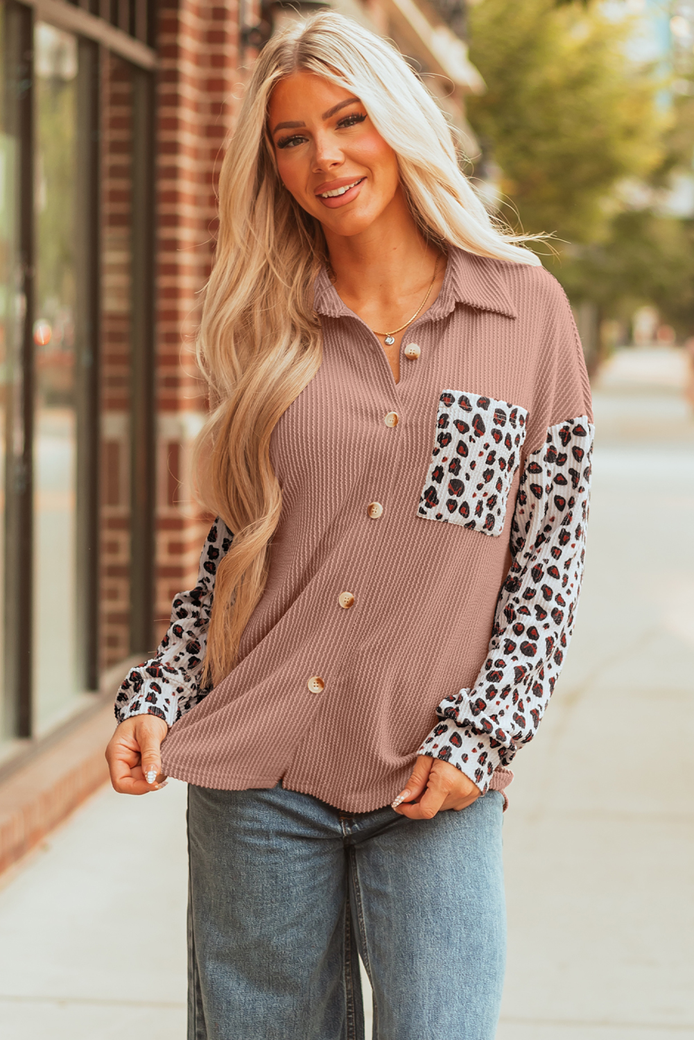 Dark Khaki Leopard Patched Twisted Ribbed Western Casual Shacket - loveforevers