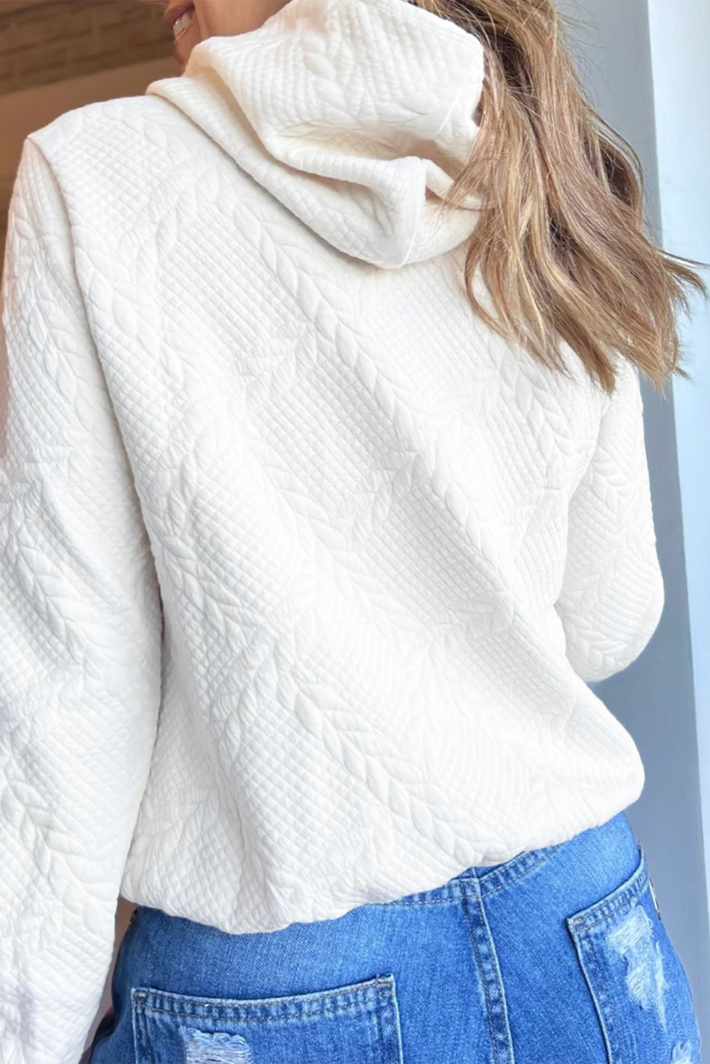 White Cable Lattice Texture Kangaroo Pocket Hoodie - loveforevers