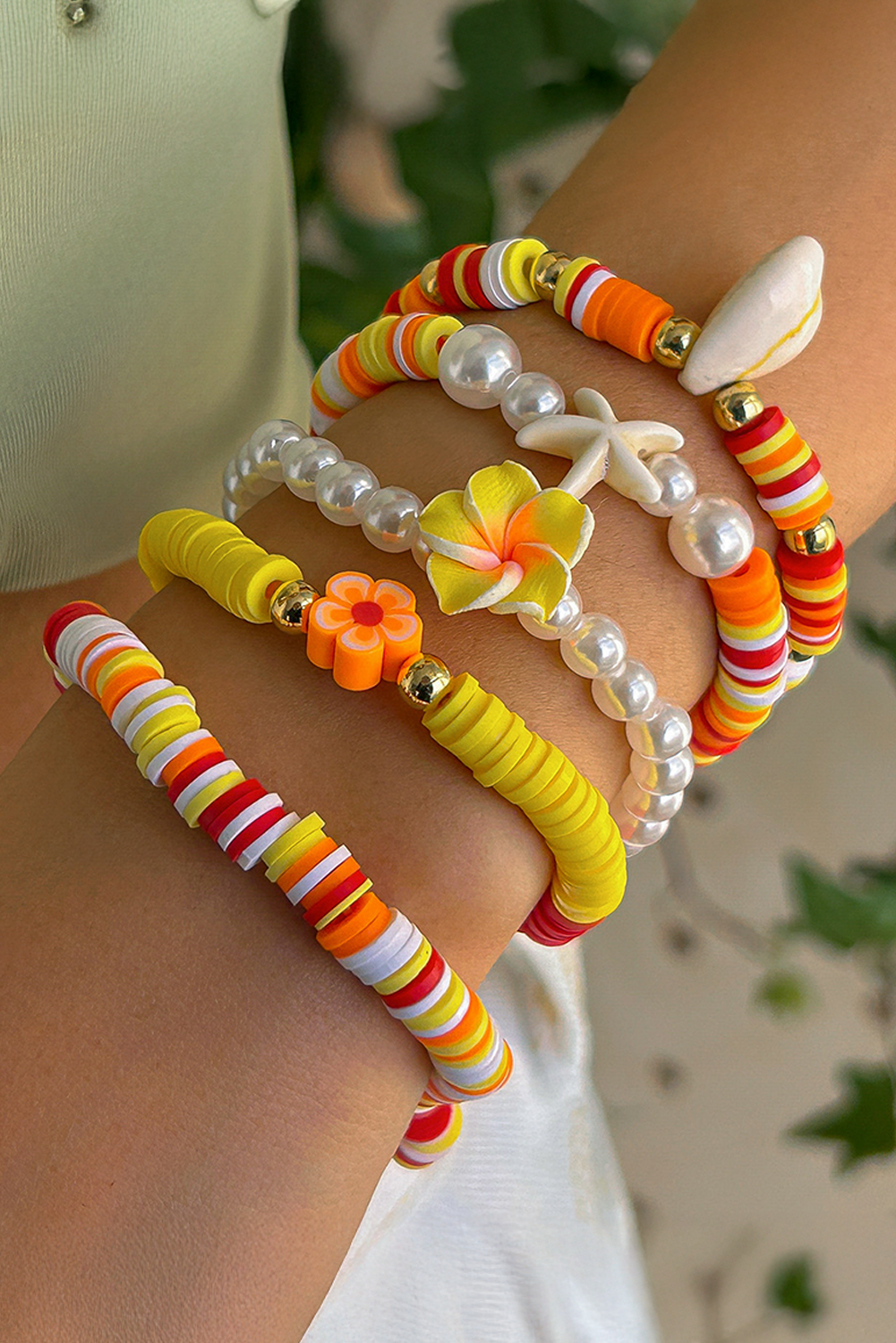 Yellow Starfish Shell Flower Pearl Beaded Multi Layer Bracelet - loveforevers
