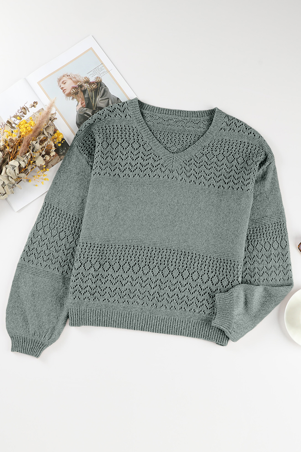 Sky Blue Eyelet Pattern Detail V Neck Drop Shoulder Sweater - loveforevers