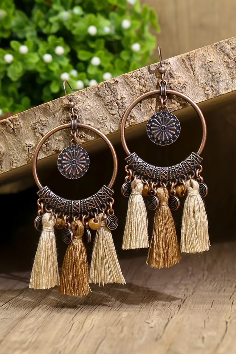 Beige Boho Round Tasseled Dangle Earrings - loveforevers