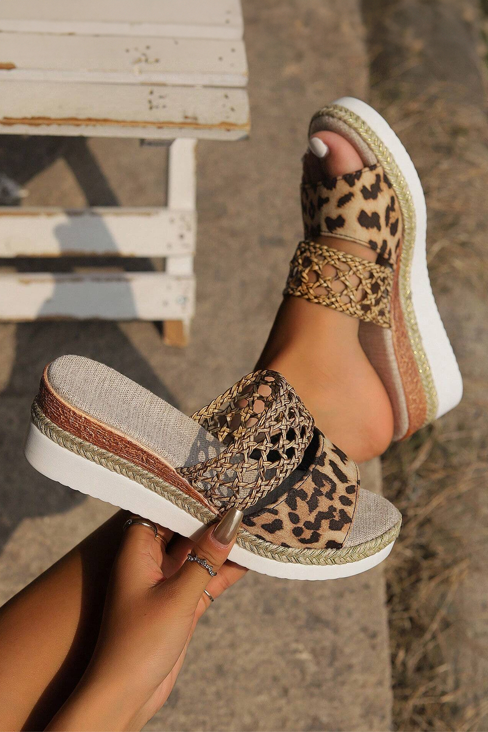 Chestnut Leopard Print Braided Details Wedge Slippers - loveforevers