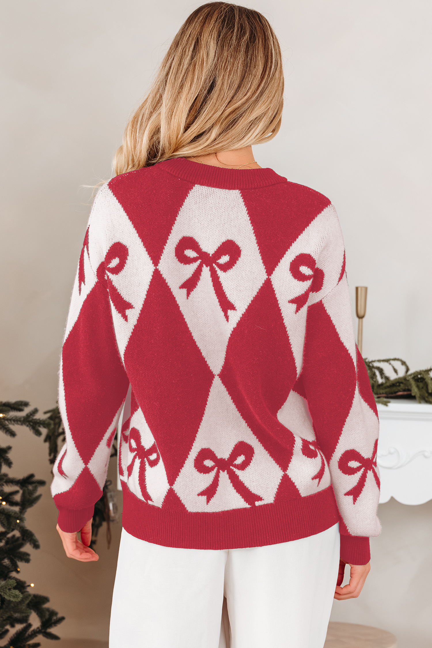 Black Bow Print 2-tone Rhombus Knit Loose Sweater - loveforevers