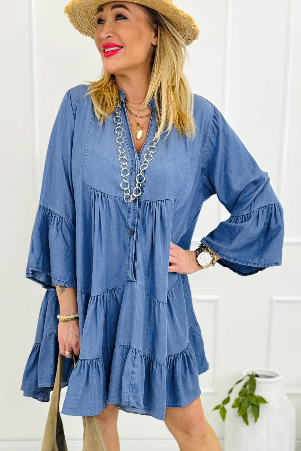 Sky Blue Chambray Ruffled 3/4 Sleeve Tiered Split V Neck Mini Dress - loveforevers