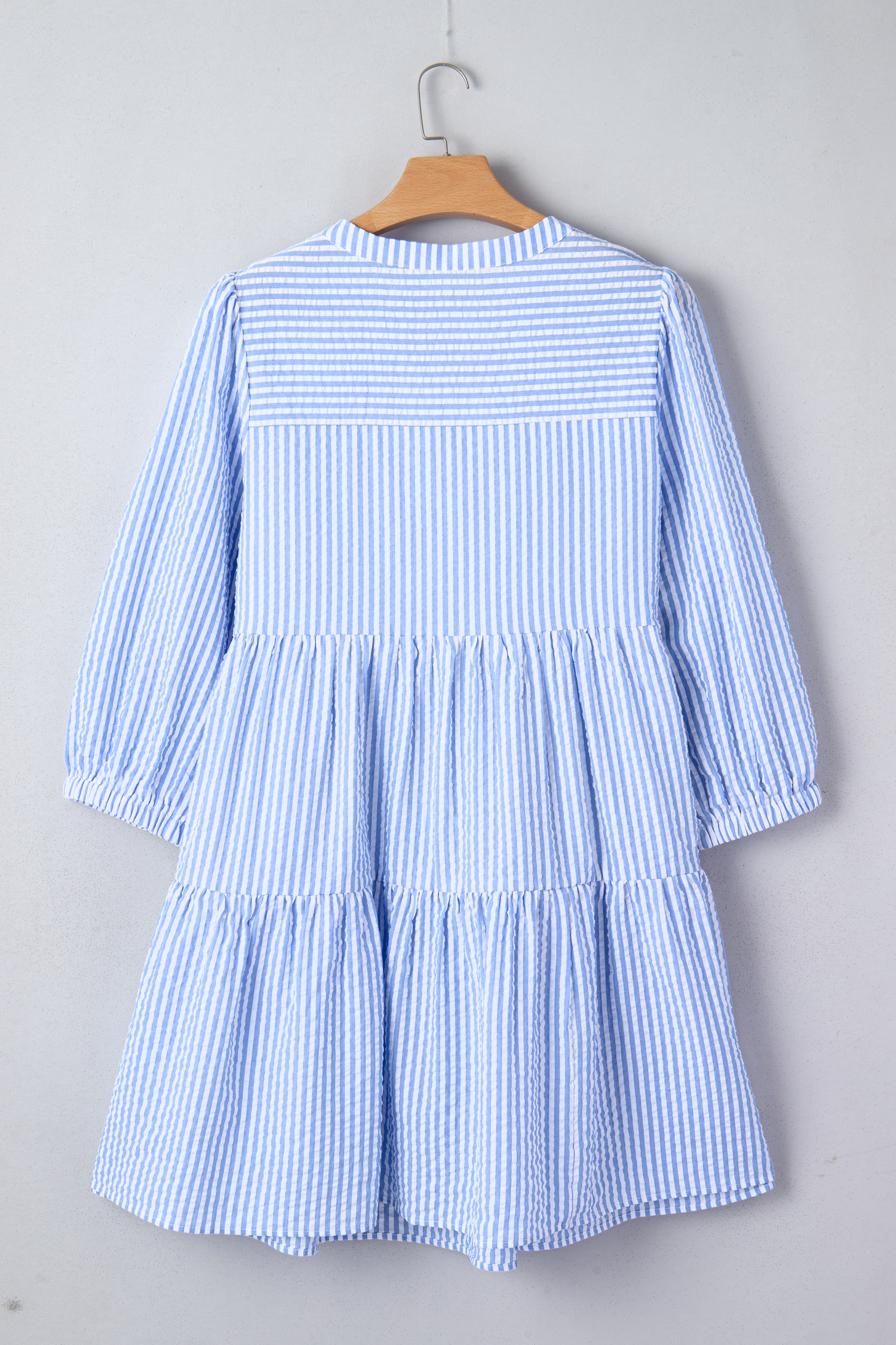 Sky Blue Stripe Seersucker Textured Notched Neck Long Puff Sleeve Tiered Curvy Dress - loveforevers