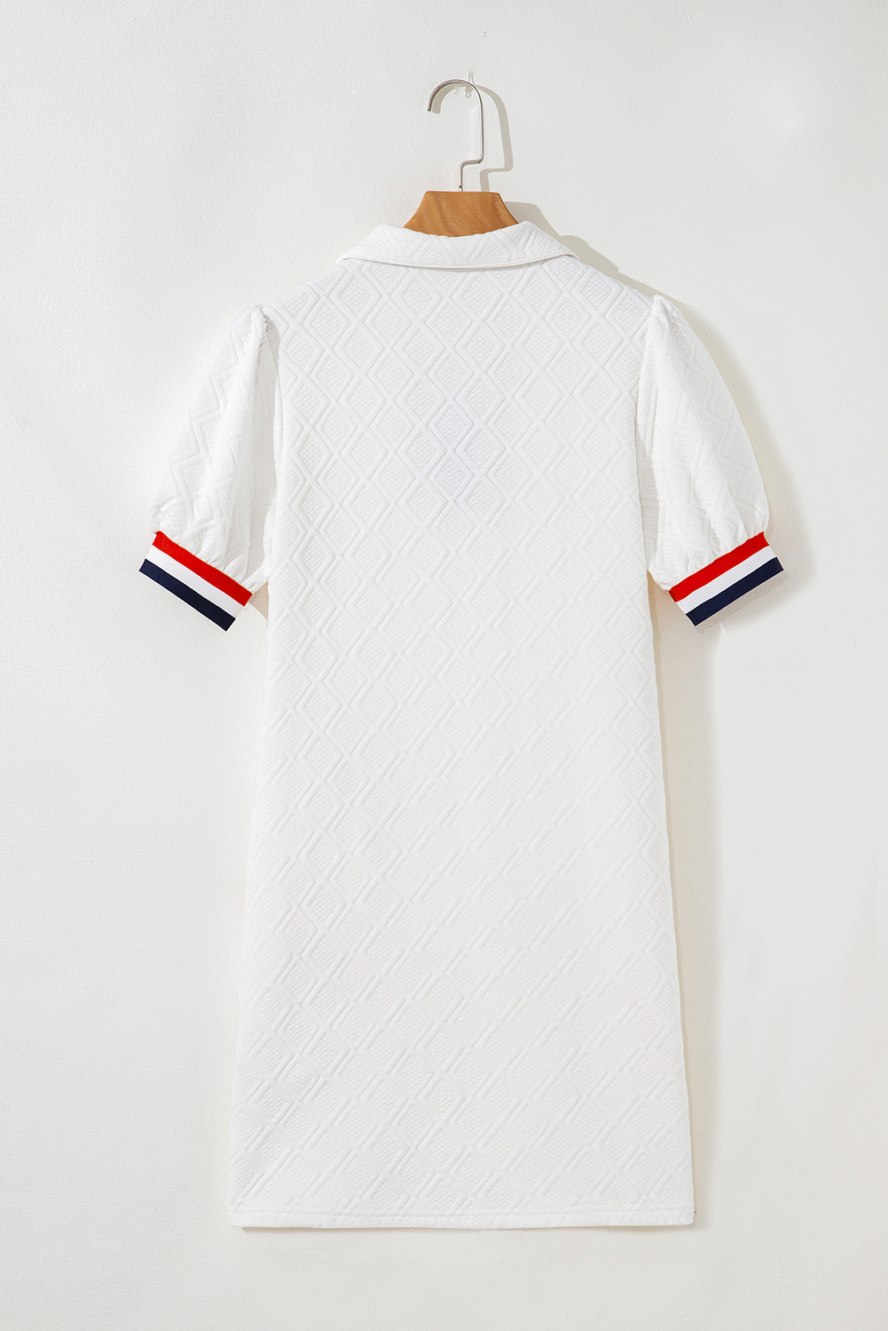White Textured Contrast Striped Detail Sequin Flag Patched Zip Collar T Shirt Dress - loveforevers
