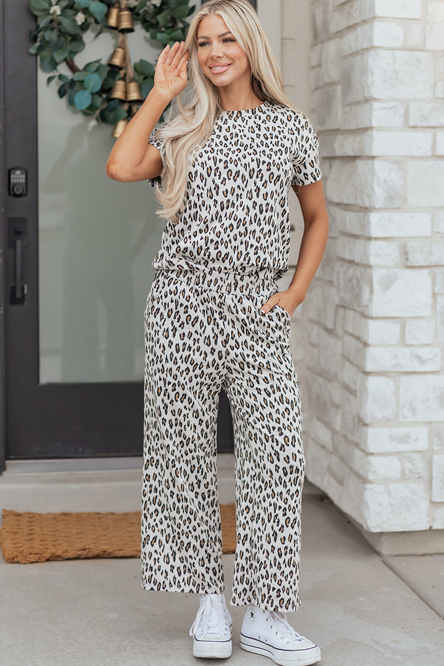 Beige Leopard Print Casual Tee and Pants 2pcs Outfit - loveforevers