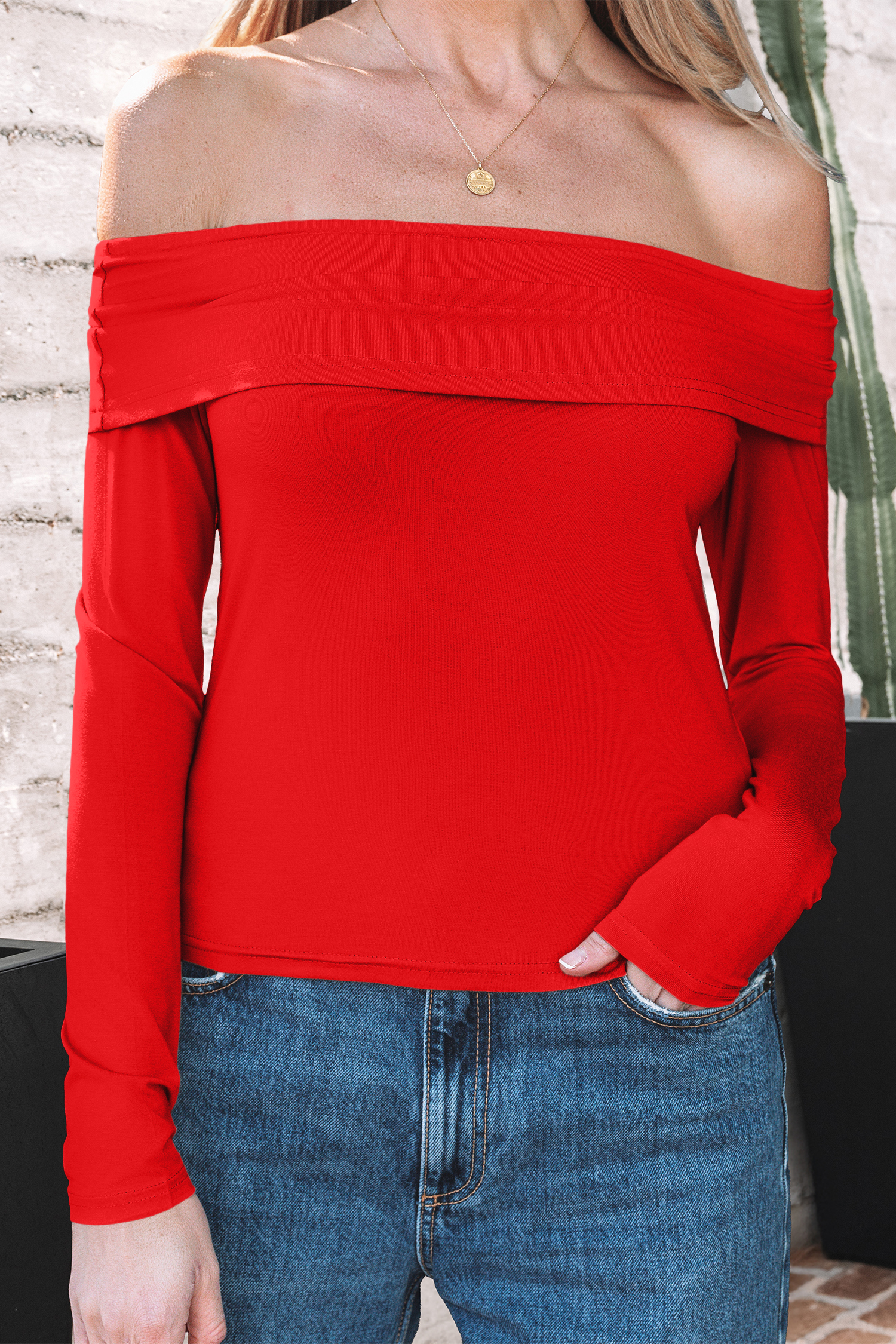 Fiery Red Foldover Off Shoulder Long Sleeve Slim Top - loveforevers