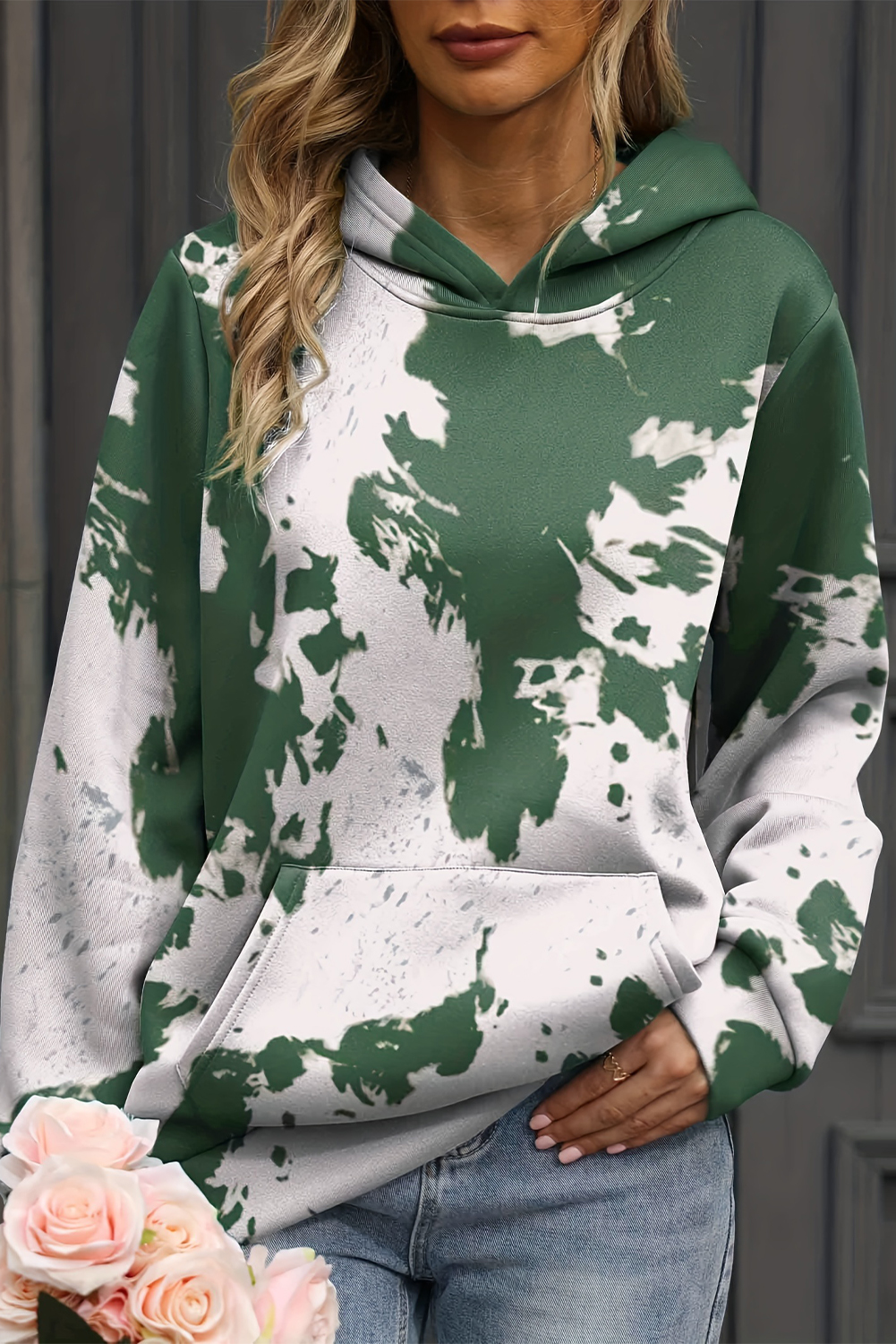 Green Tie Dye Print Kangaroo Pocket Loose Hoodie - loveforevers