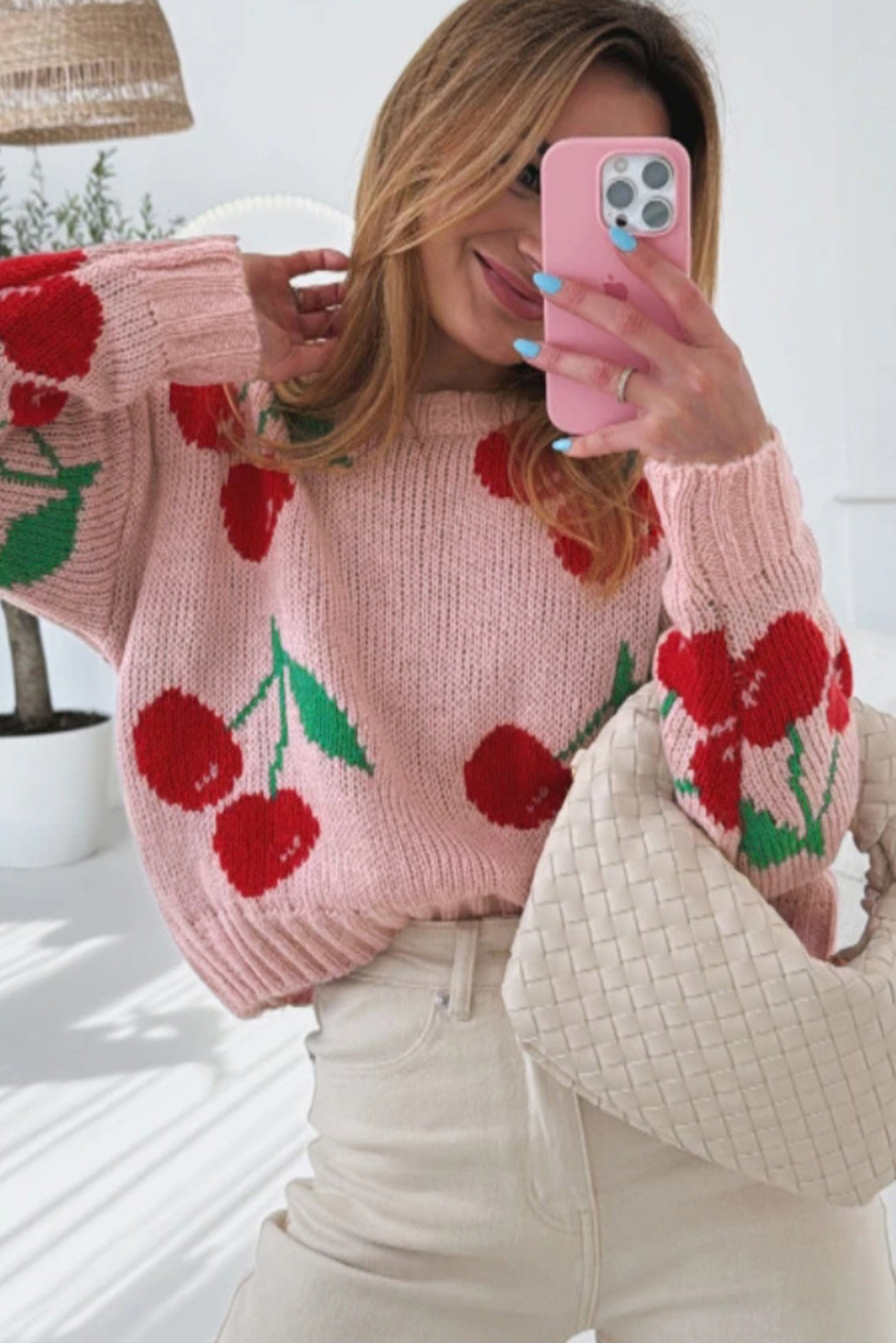 Pink Dainty Cherry Print Loose Cropped Sweater - loveforevers