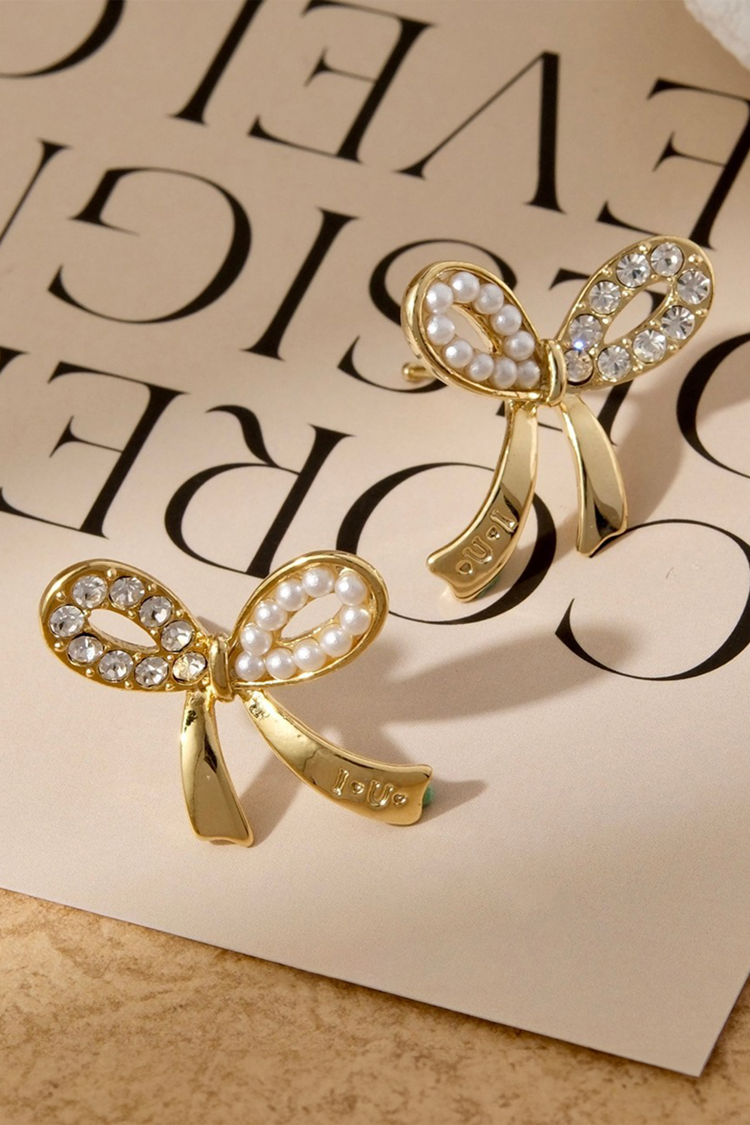 Gold Rhinestone Pearl Bow Earrings - loveforevers