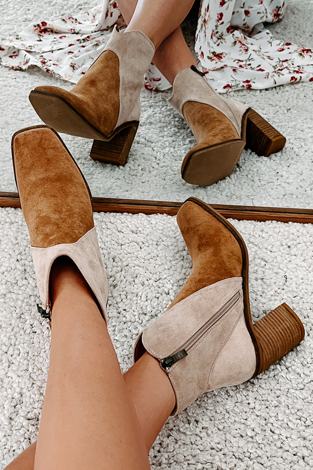 Camel Two Tone Faux Suede Square Toe Chunky Heel Boots - loveforevers