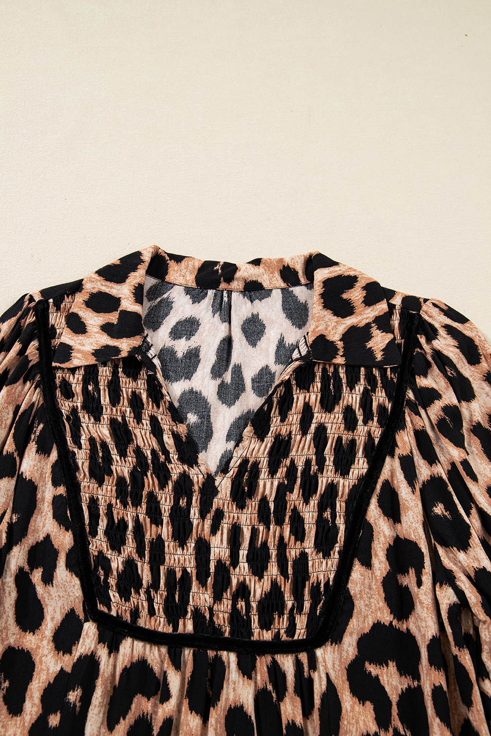 Four Leaf Clover Collared V Neck Smocked Detail Contrast Leopard Trim Bracelet Sleeve Long Dress - loveforevers