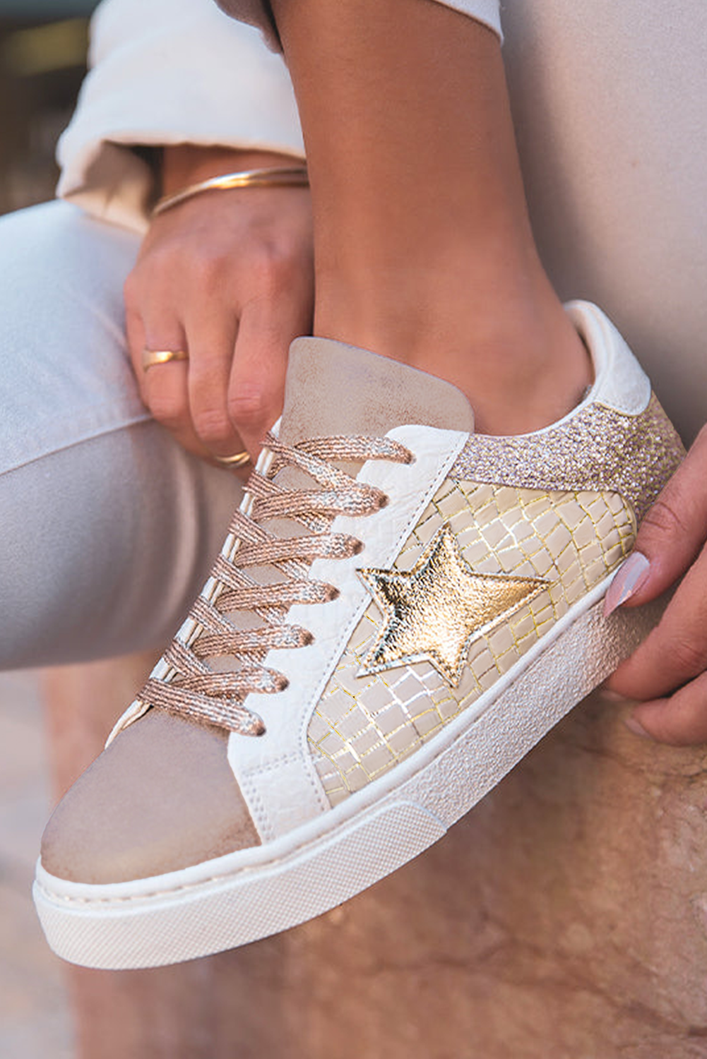 Dearlove Gold Glitter Star Patchwork PU Leather Lace-up Sneakers - loveforevers