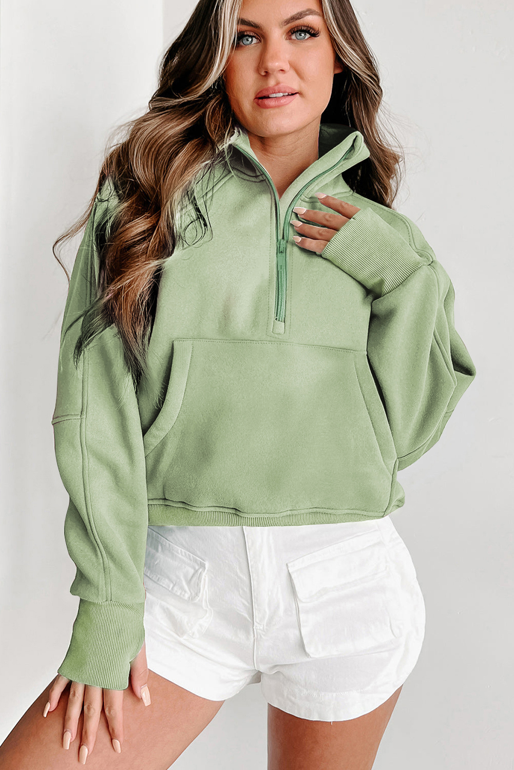 Smoke Green Fleece Lined Zip Up Stand Collar Thumbhole Sleeve Sweatshirt - loveforevers