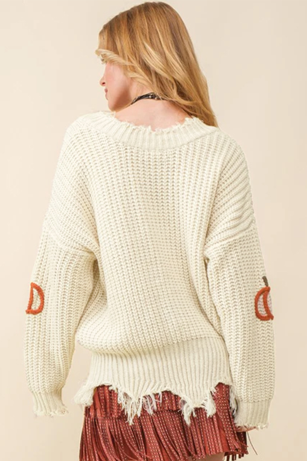 Beige Cable Knit Pumpkin Raw Hem V Neck Loose Sweater - loveforevers
