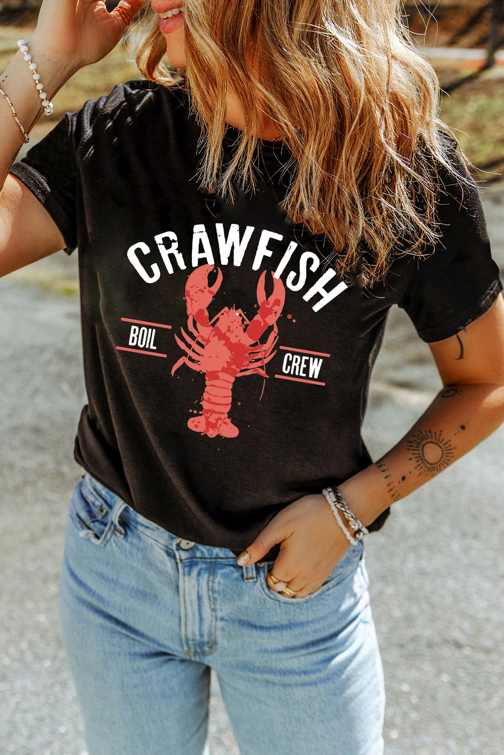 Black CRAWFISH BOIL CREW Distressed Letter Graphic T Shirt - loveforevers