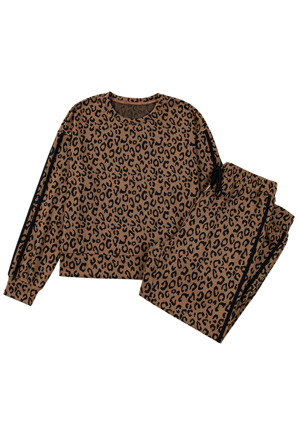 Brown Varsity Striped Trim Leopard Long Sleeve Top Drawstring Pant Set - loveforevers