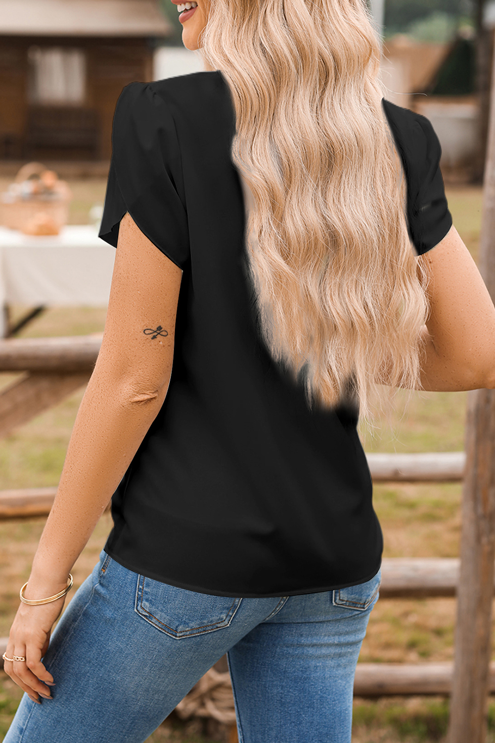 Black Silky Notched Neckline Petal Sleeve Blouse - loveforevers